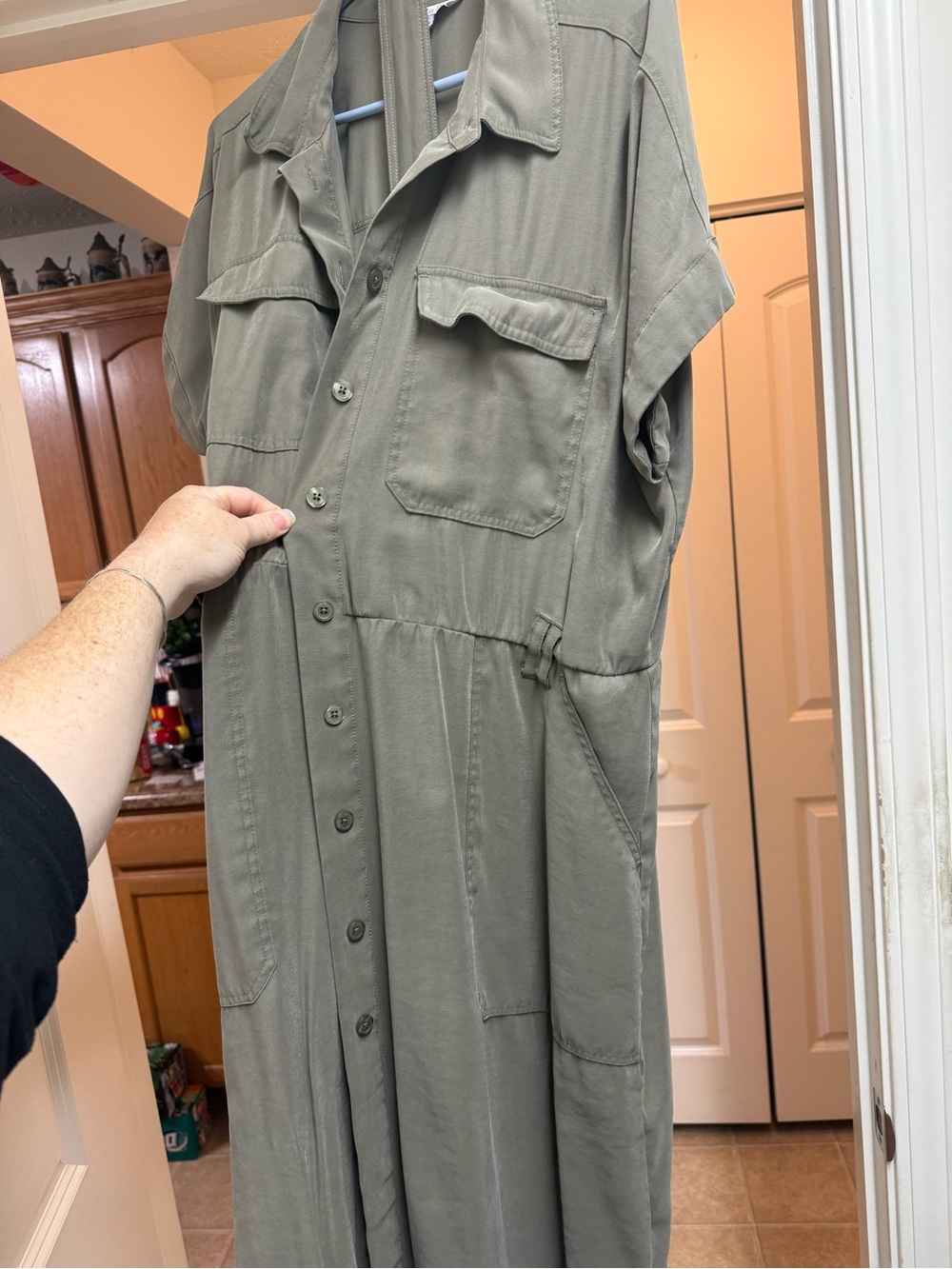 Button-Front Utility Shirt Dress in Olive